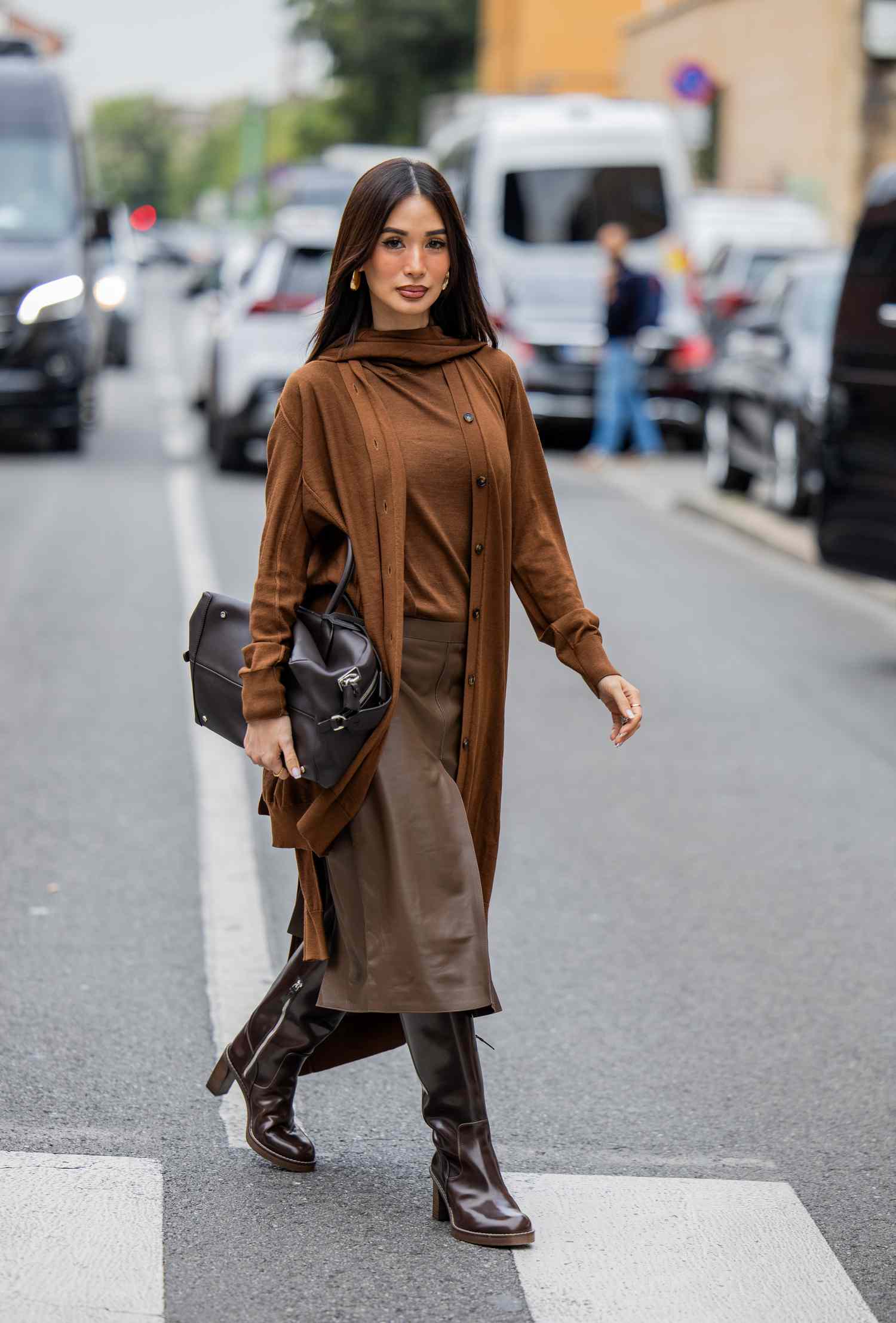 Sophisticated Chocolate Brown Knit and Satin Combination Sophisticated Chocolate Brown Knit and Satin Combination — Chocolate Brown Outfits