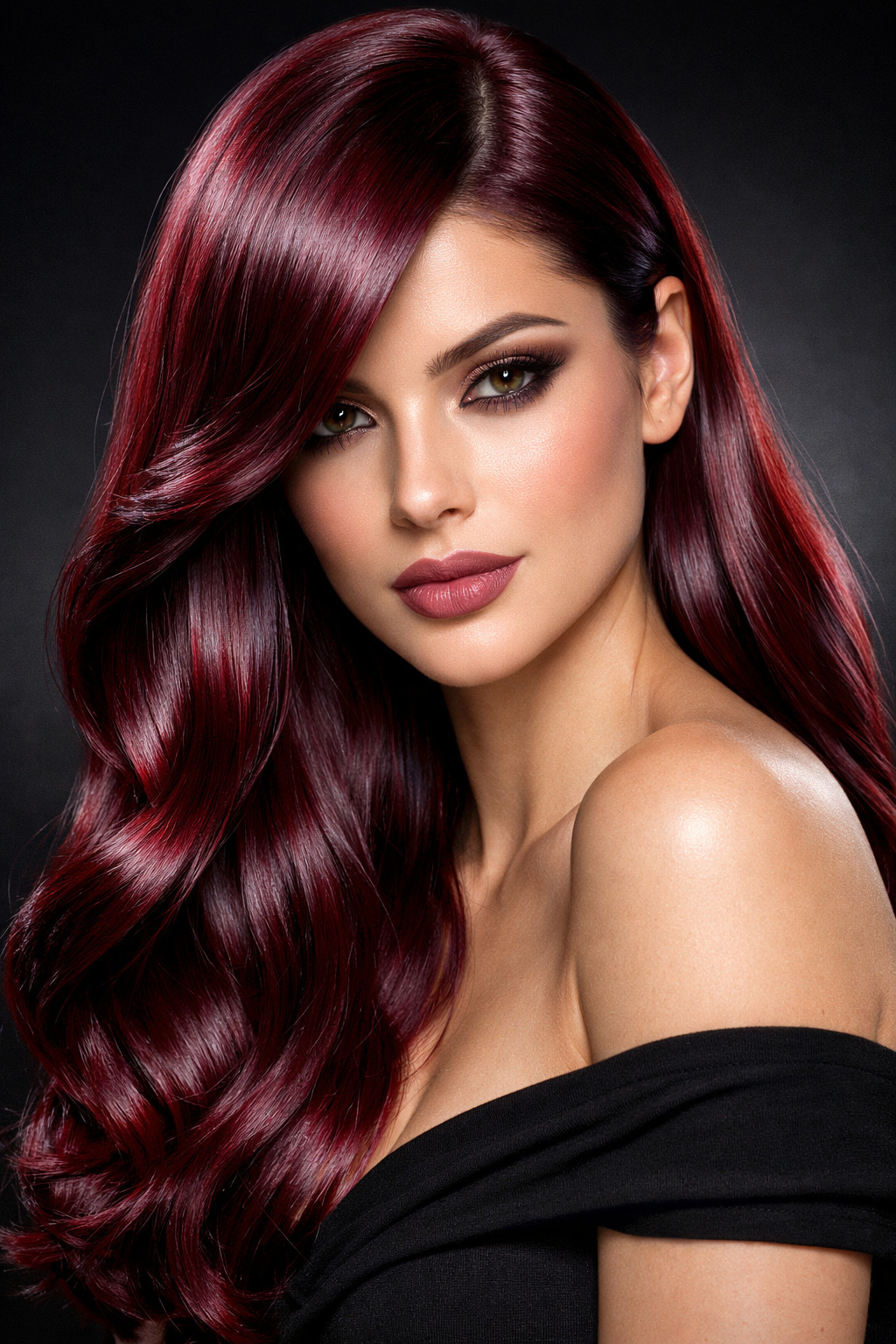Glossy Burgundy Waves With Cool Tones Glossy Burgundy Waves With Cool Tones — Burgundy Hair Color