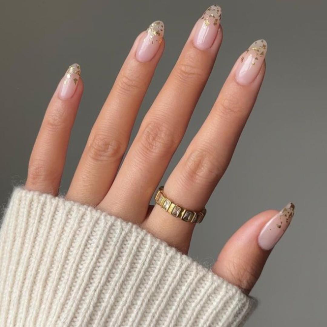 Gold Foil Nude Almond Nails Gold Foil Nude Almond Nails — Winter Wedding Nails