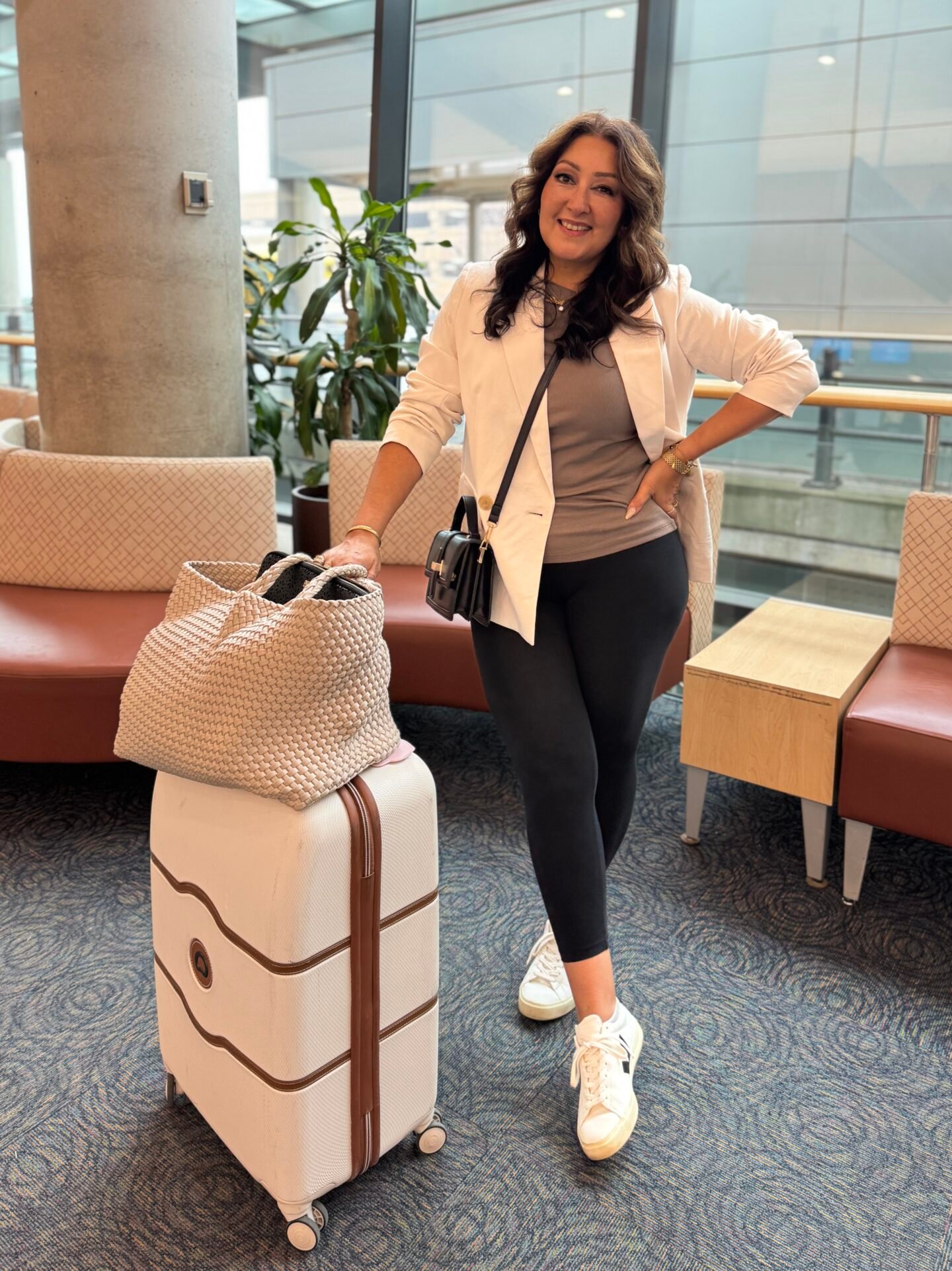 White Blazer Elevates Casual Grey Tee and Leggings — Winter Airport Outfits