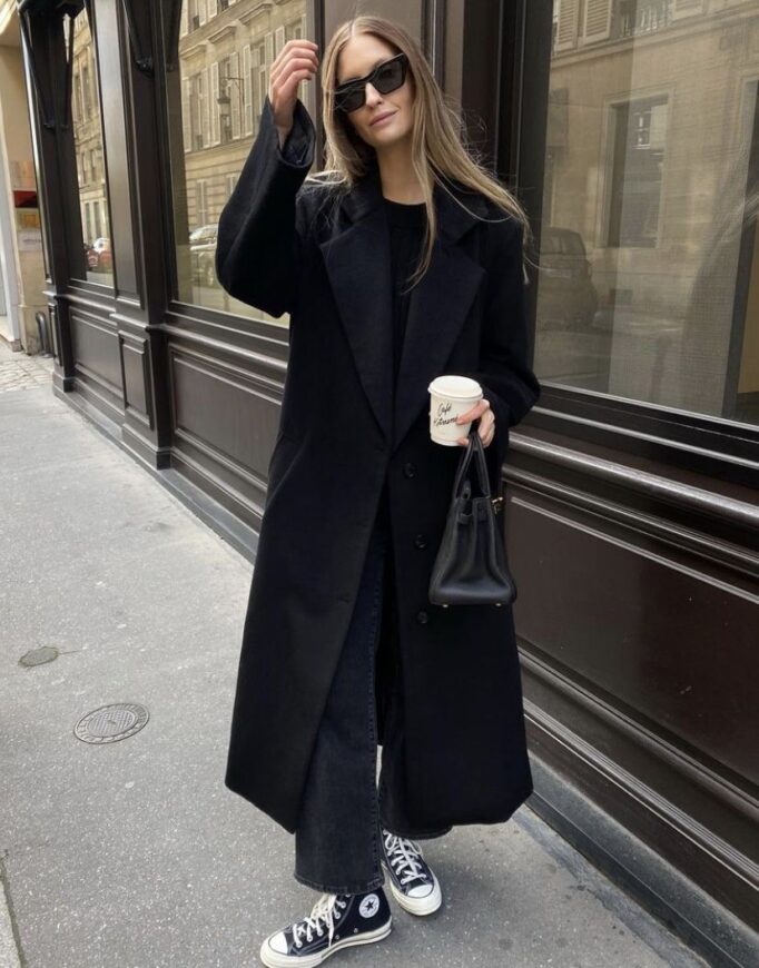 Wool Coat with High-Top Sneakers for Elevated Casual Wool Coat with High-Top Sneakers for Elevated Casual — All Black Winter Outfits