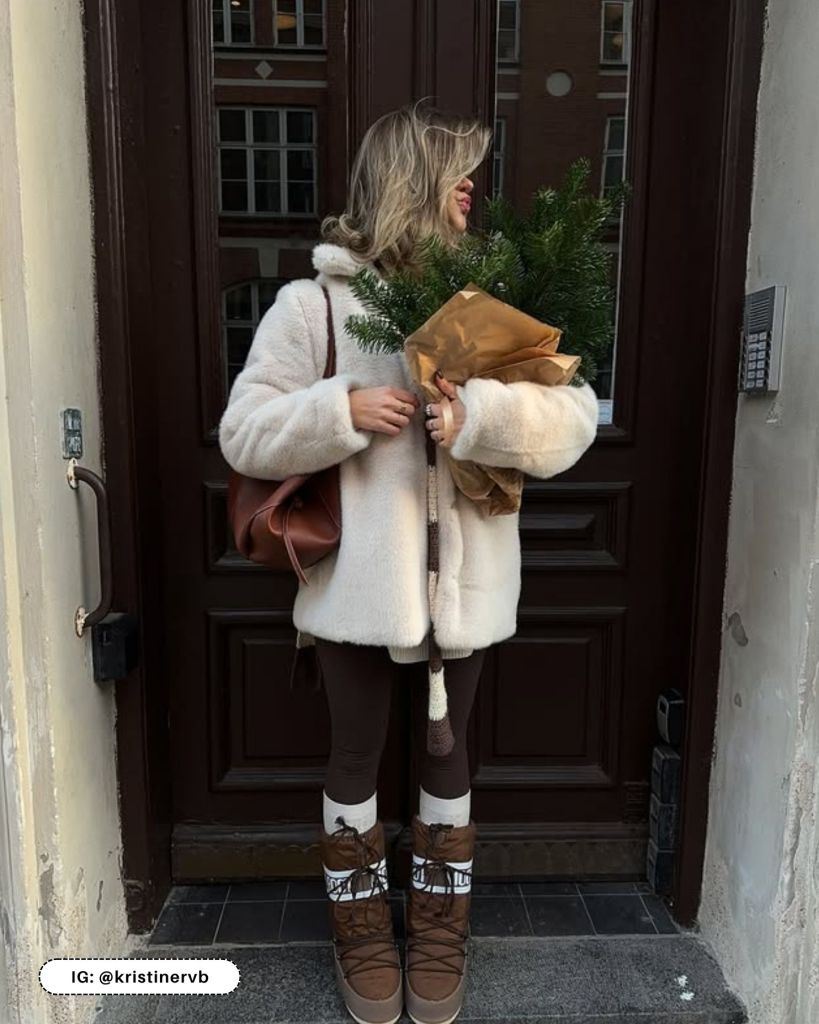 Luxurious Comfort with Brown Moon Boots and Faux Fur Luxurious Comfort with Brown Moon Boots and Faux Fur — Moon Boots Outfits