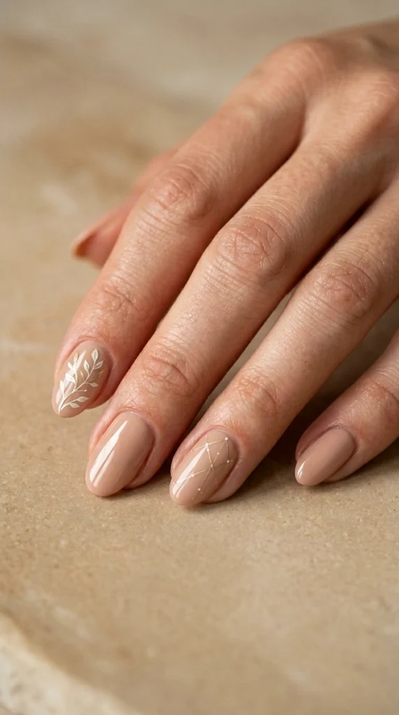 Nude Oval with Leaf and Gold Lines Nude Oval with Leaf and Gold Lines — simple nail designs