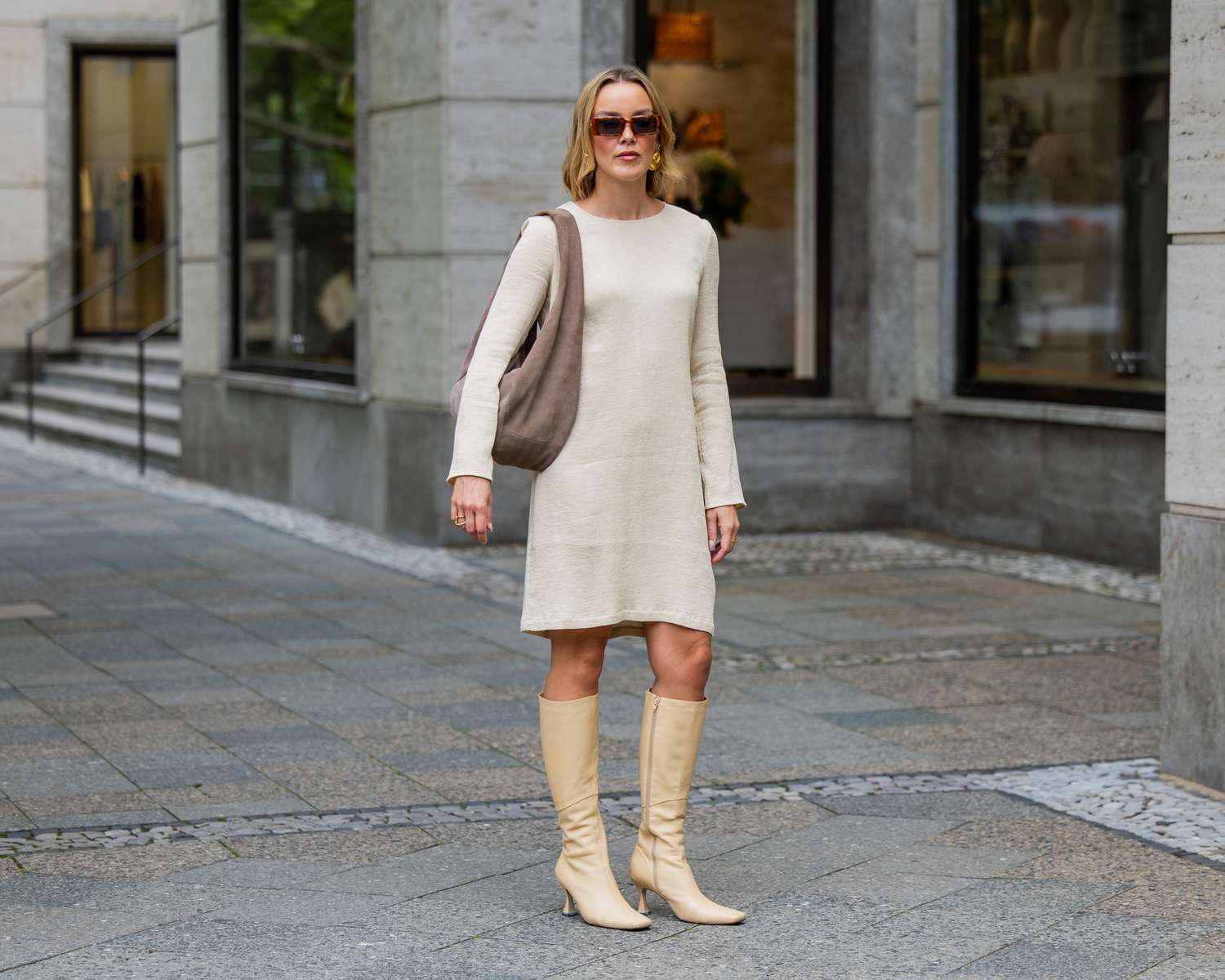 Chic Cream Boots with Knit Mini Dress Chic Cream Boots with Knit Mini Dress — Winter Boots Outfits