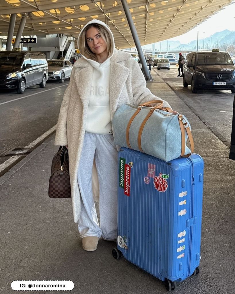 Cream Teddy Coat with Grey Sweatpants and Tan Shoes — Winter Airport Outfits