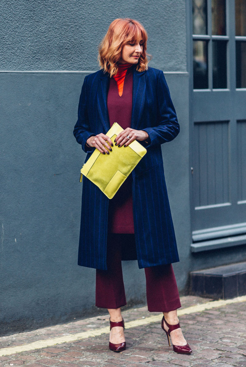 Pinstripe Coat with Burgundy Accents for a Bold Statement Pinstripe Coat with Burgundy Accents for a Bold Statement — Winter Outfits for Women Over 40
