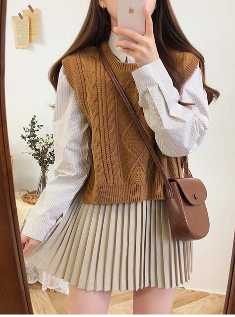 White Shirt, Vest, and Pleated Skirt — Dark Academia Winter Outfits