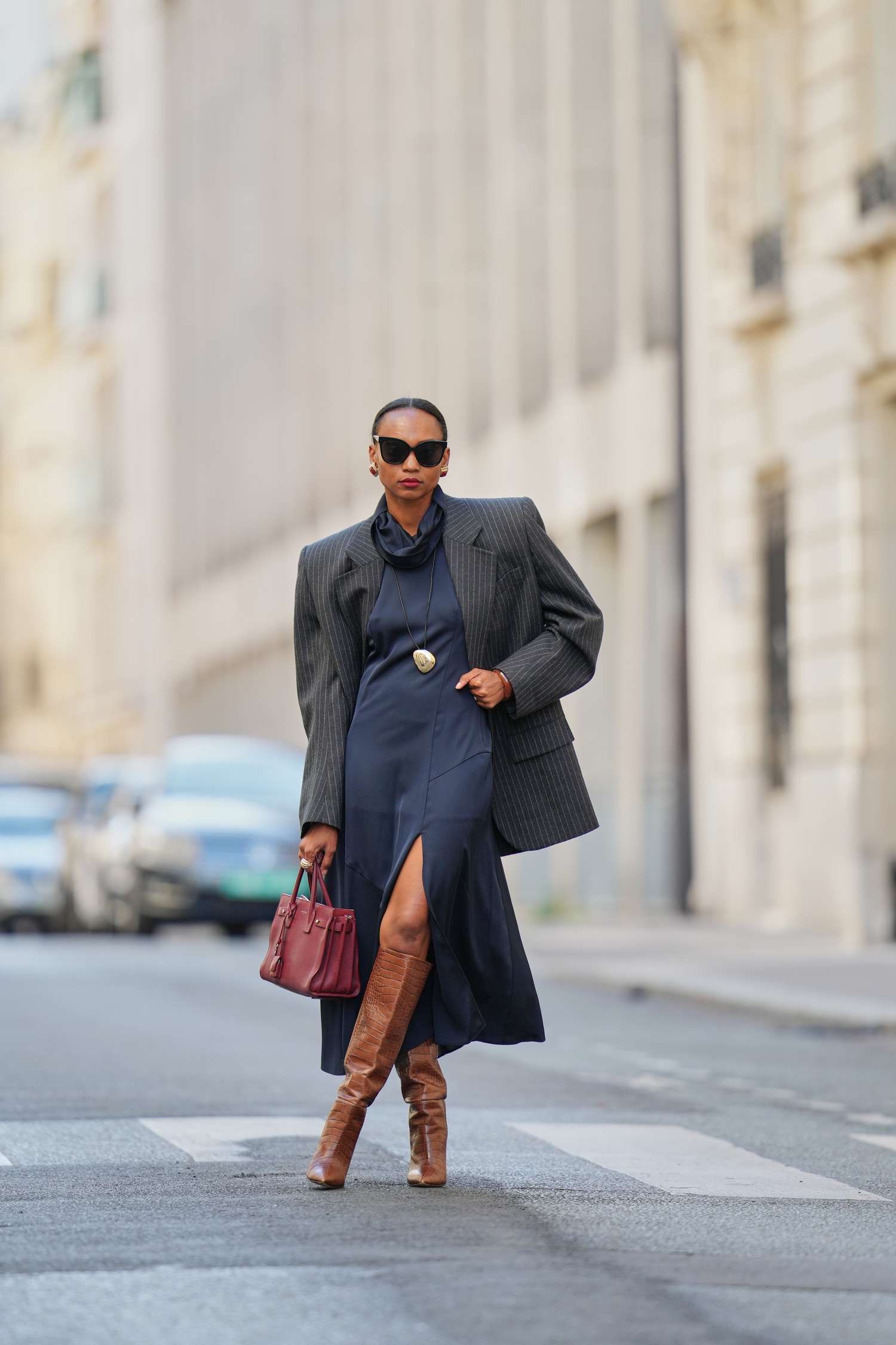 Sharp Business Casual: Navy Satin Dress, Pinstripe Blazer, and Brown Boots — Knee High Boots Outfits