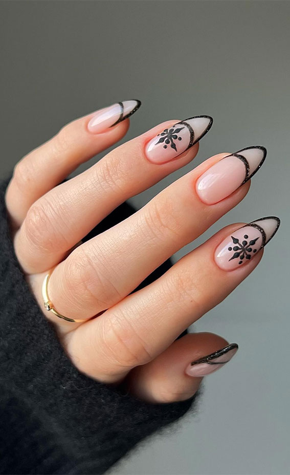 Black French Tip Snowflake Almonds Black French Tip Snowflake Almonds — Winter Black Nails