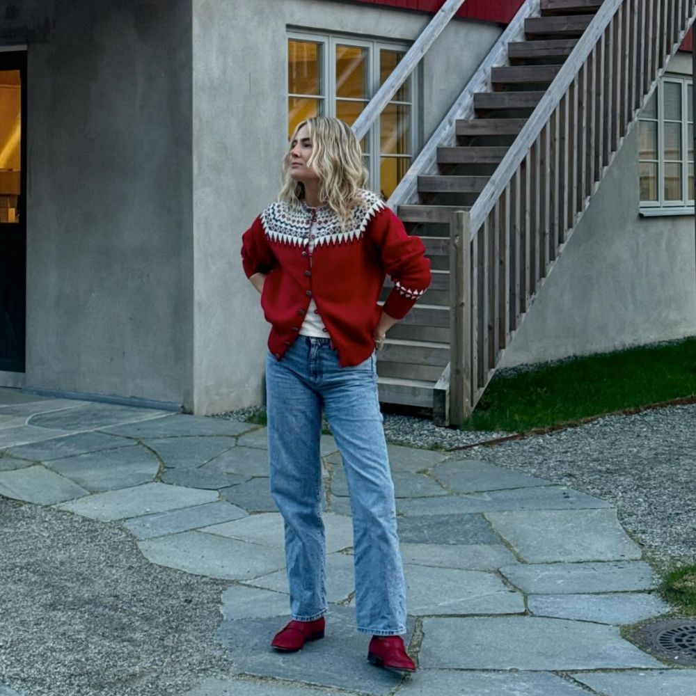 Red Fair Isle Cardigan Layered Over White T-shirt with Jeans Red Fair Isle Cardigan Layered Over White T-shirt with Jeans — Fair Isle Sweater Outfits