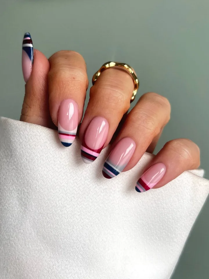 Sheer Pink French with Multi-Color Stripes Sheer Pink French with Multi-Color Stripes — trendy simple nail designs