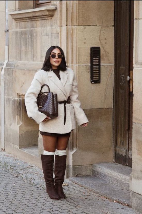 Cream Blazer with Mini Skirt and Knee-High Boots for Elevated Casual — Europe Winter Outfits