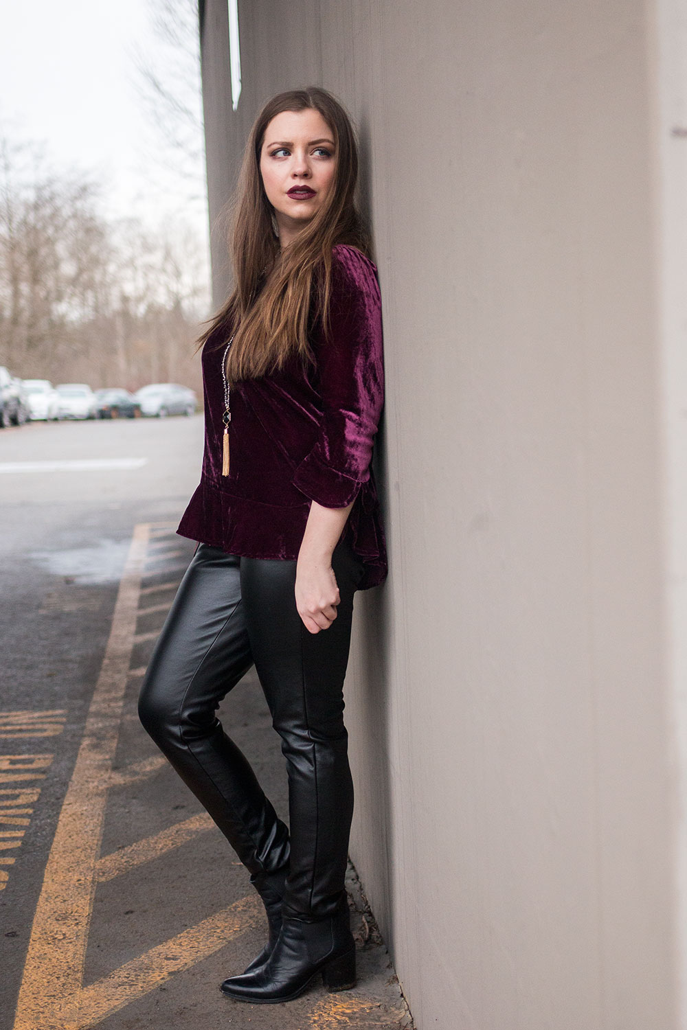 Burgundy Velvet Peplum Top and Faux Leather Pants for a Night Out Burgundy Velvet Peplum Top and Faux Leather Pants for a Night Out — Winter Party Outfits