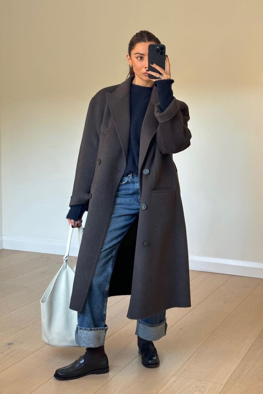 Oversized Dark Brown Wool Coat with Navy Sweater and Jeans — Wool Coat Outfits