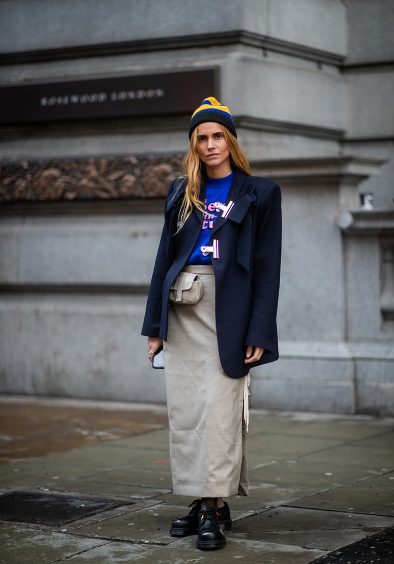Yellow and Blue Striped Beanie with Navy Blazer and Maxi Skirt Yellow and Blue Striped Beanie with Navy Blazer and Maxi Skirt — Beanie Outfits