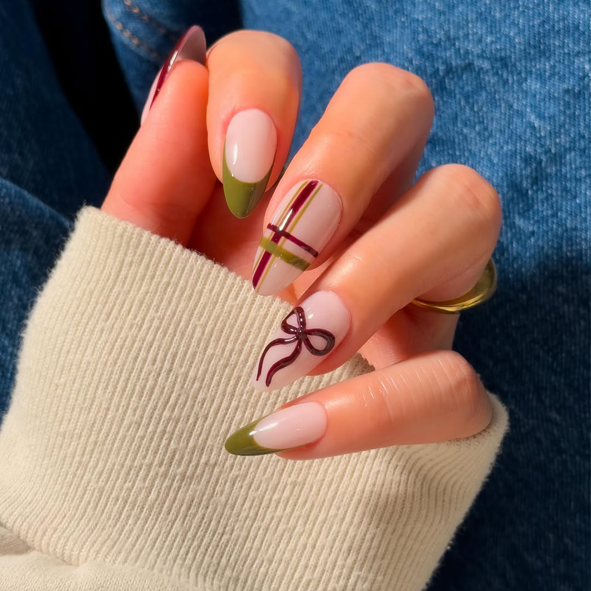 Olive Green French Plaid Bow Almonds Olive Green French Plaid Bow Almonds — Winter Formal Nails