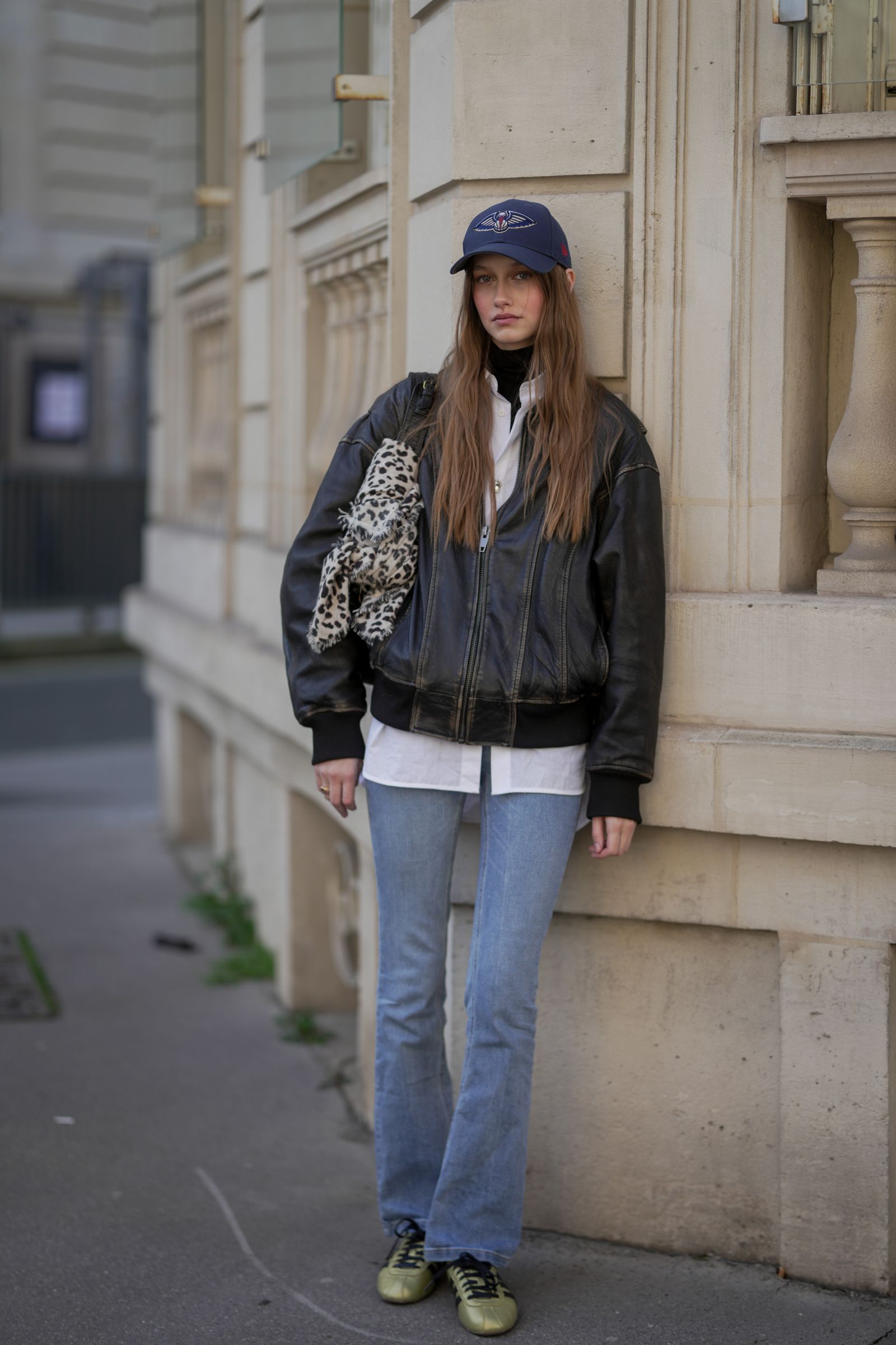Denim Flare Jeans with Bomber Jacket and Sneakers — Flare Leggings Outfits