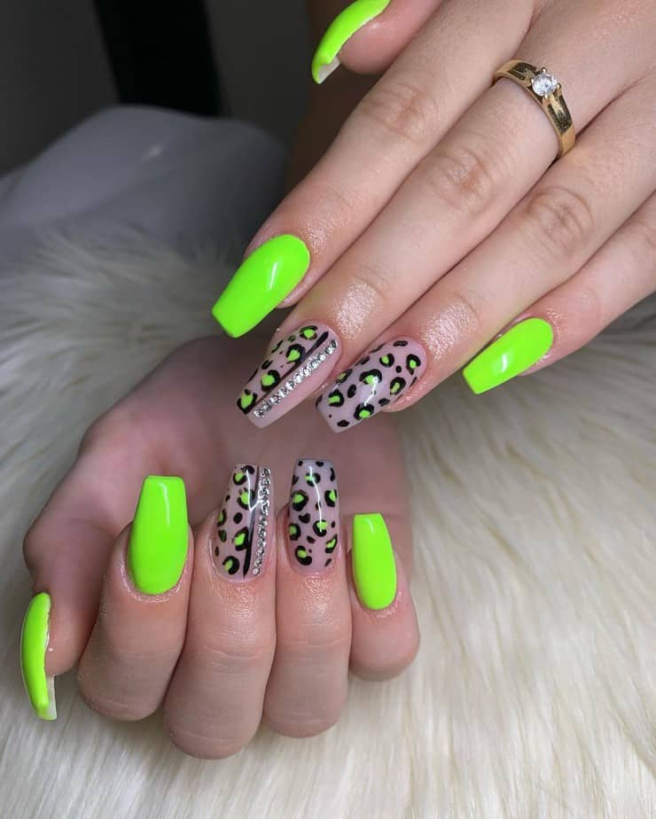 Neon Lime Green with Leopard Rhinestone Accents Neon Lime Green with Leopard Rhinestone Accents — green nail designs