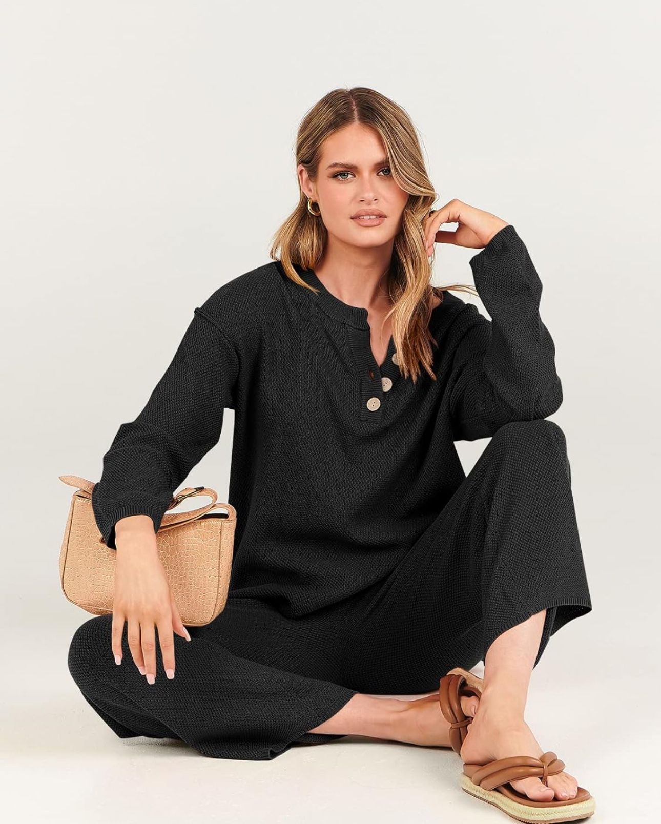 Black Waffle Knit Henley and Relaxed Pants — Loungewear Outfits