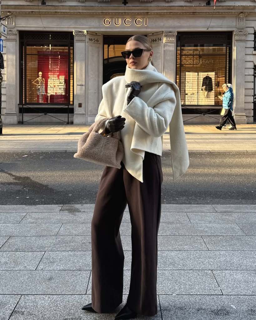 Asymmetric Scarf with Cream Jacket and Trousers Asymmetric Scarf with Cream Jacket and Trousers — Old Money Winter Outfits