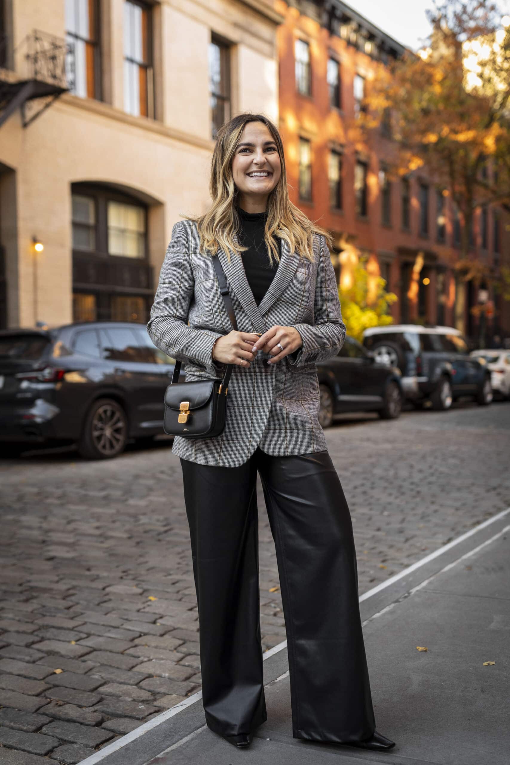 Black Turtleneck with Plaid Blazer and Faux Leather Pants — Turtleneck Outfits