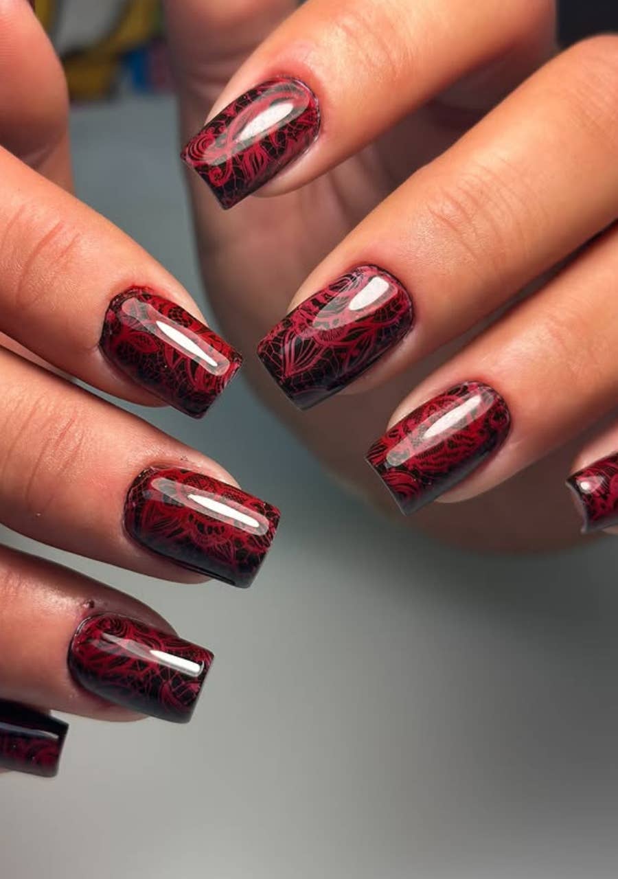 Burgundy Nails with Black Lace Pattern Burgundy Nails with Black Lace Pattern