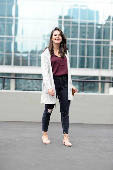 Grey Longline Cardigan with Burgundy Top and Light Pink Heels — Cardigan Outfits