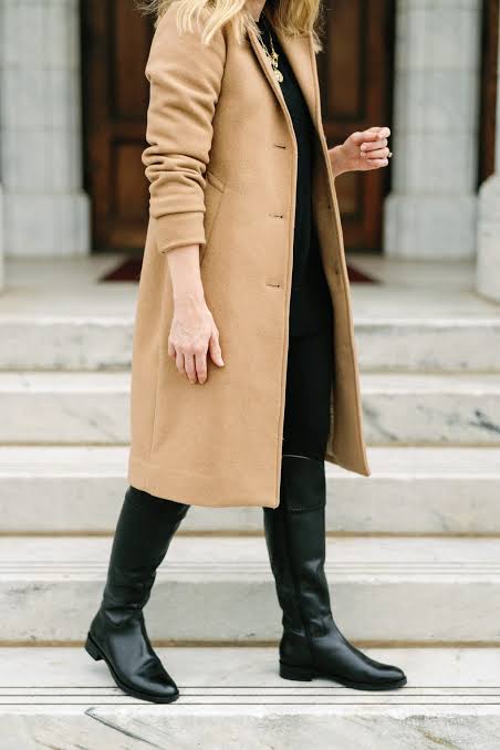 Camel Coat and Black Trousers with Leather Boots — Riding Boots Outfits