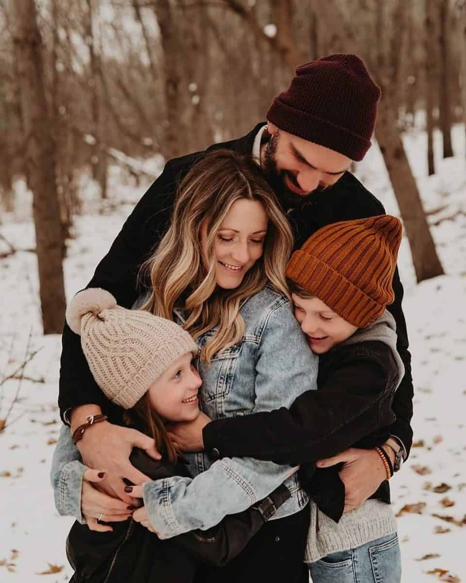 Earth Tone Layers with Denim Jacket for a Snowy Family Outing Earth Tone Layers with Denim Jacket for a Snowy Family Outing — Winter Family Photo Outfits