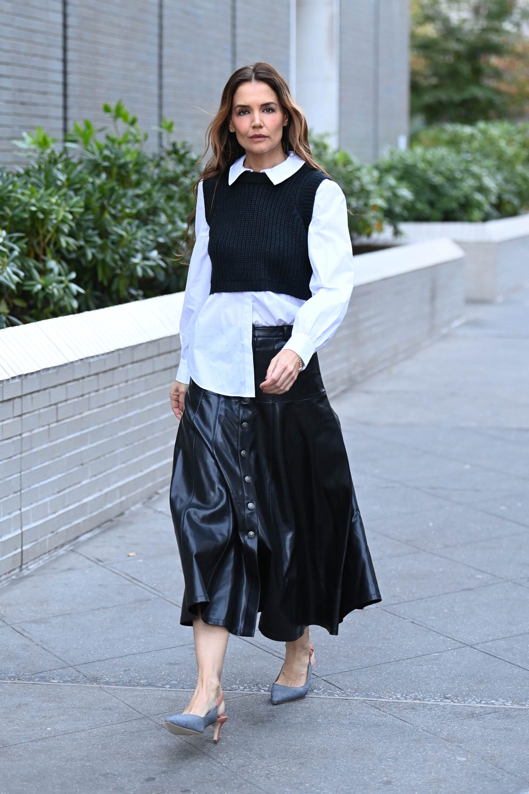 Black Leather Midi Skirt with Vest and Slingbacks Black Leather Midi Skirt with Vest and Slingbacks — Leather Skirt Outfits