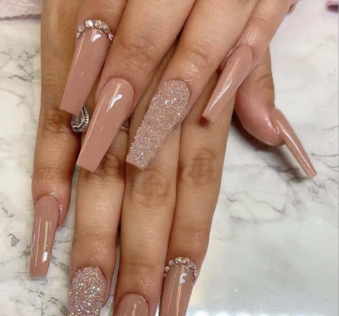 Light Nude Brown Coffin Nails with Glitter & Rhinestones — Mocha Nails