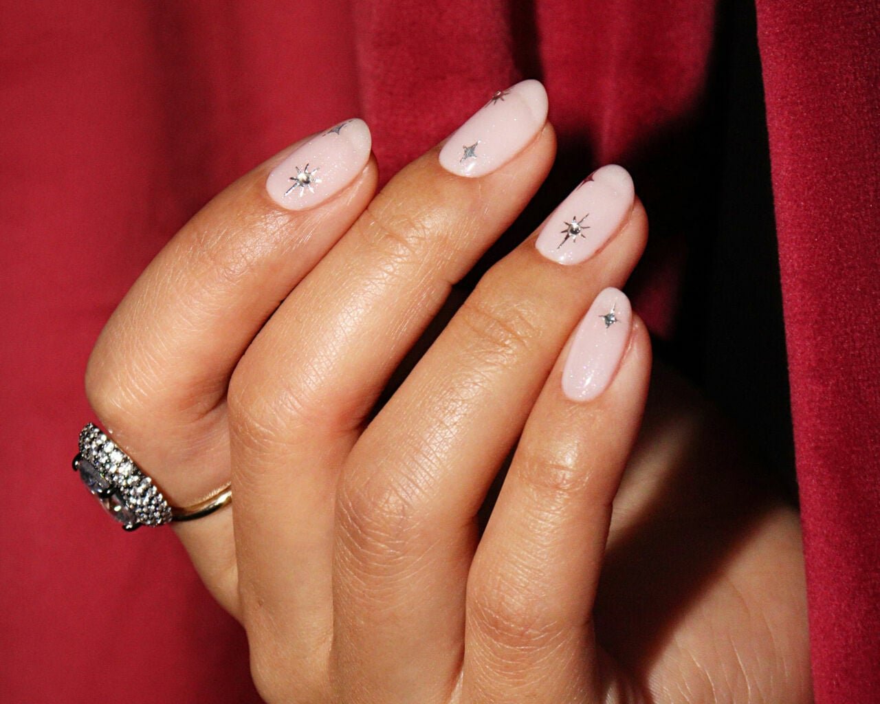 Pale Pink with Silver Star Charms Pale Pink with Silver Star Charms — Short Winter Acrylic Nails