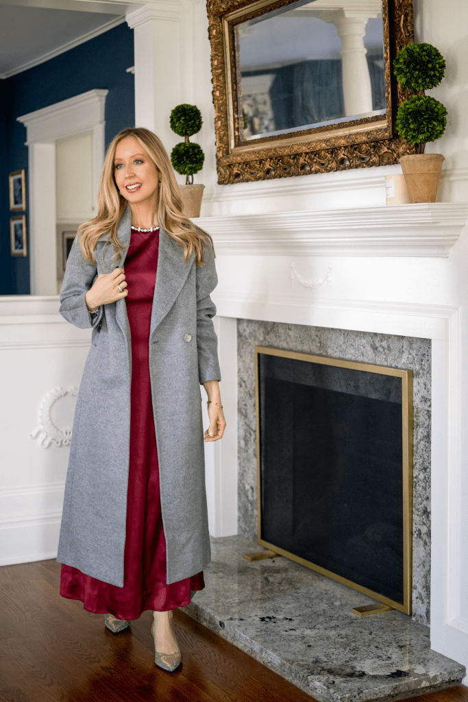 Elegant Burgundy Dress Under a Long Grey Wool Coat — Winter Dinner Outfits