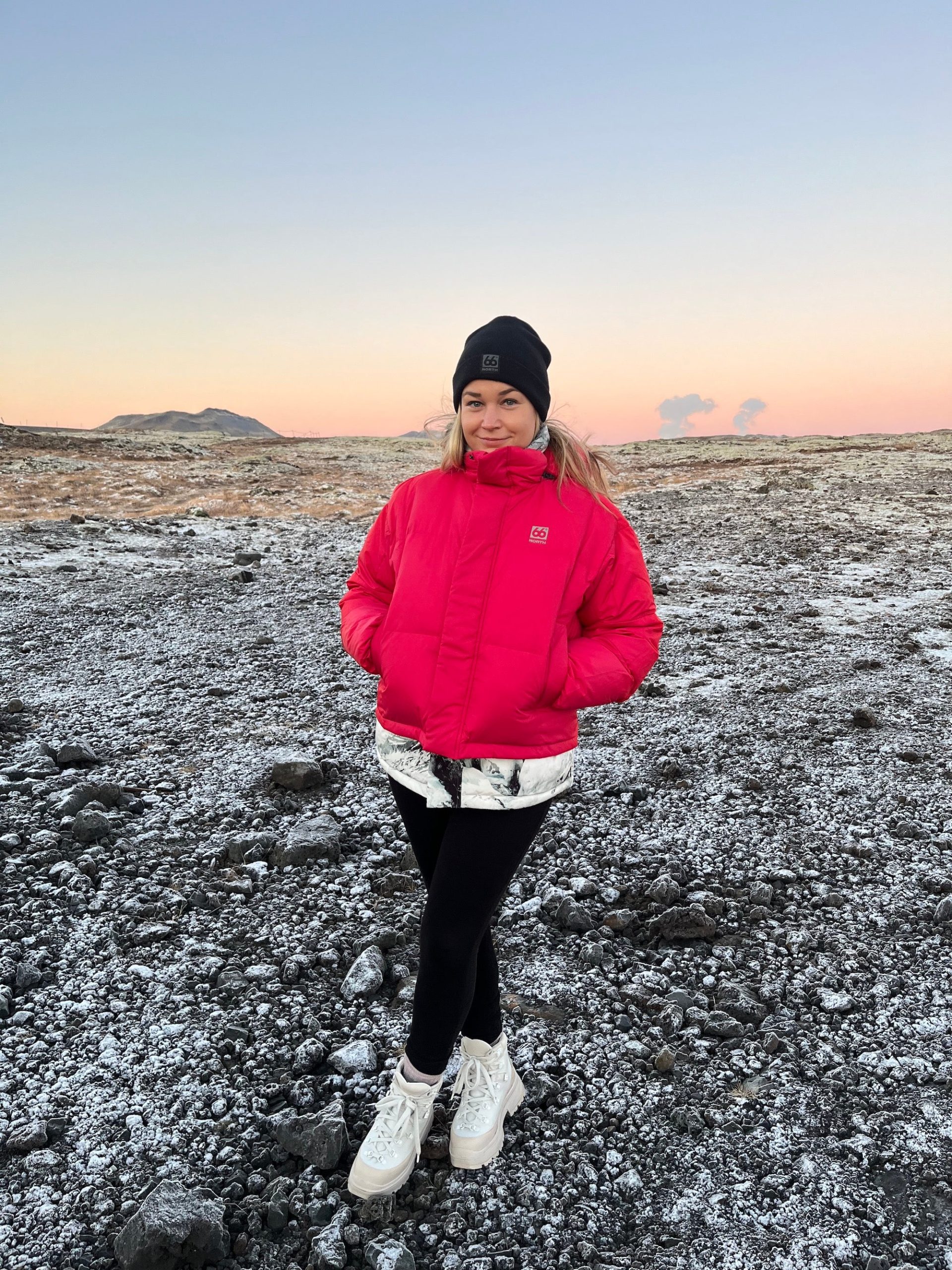 Bright Pink Cropped Puffer with Chunky Sneakers — Iceland Winter Outfits