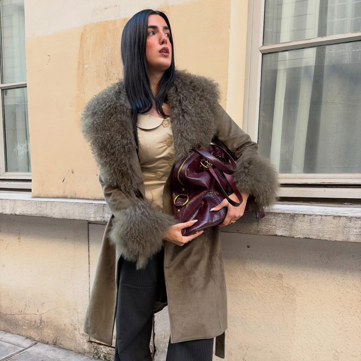 Satin Top and Pinstripe Pants with Suede Fur-Trimmed Coat — Boho Winter Outfits