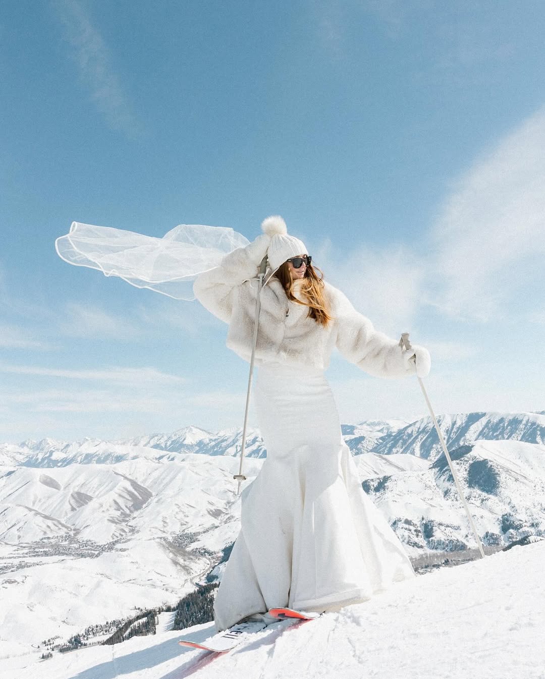 Winter Wedding Gown with Faux Fur Jacket and Beanie Winter Wedding Gown with Faux Fur Jacket and Beanie — Winter Photoshoot Outfits