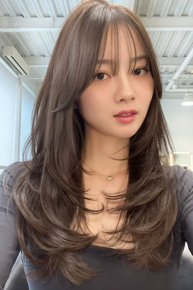 Uniform Ash Brown with Curtain Bangs — Ash Brown Hair