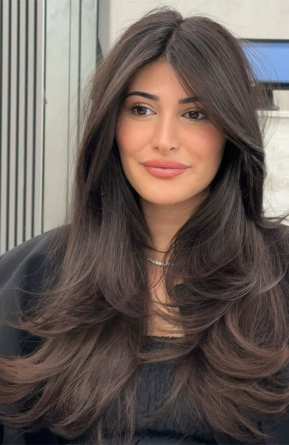 Long Layers Dark Espresso Brown With Cool Highlights — Cool Winter Hair Colors