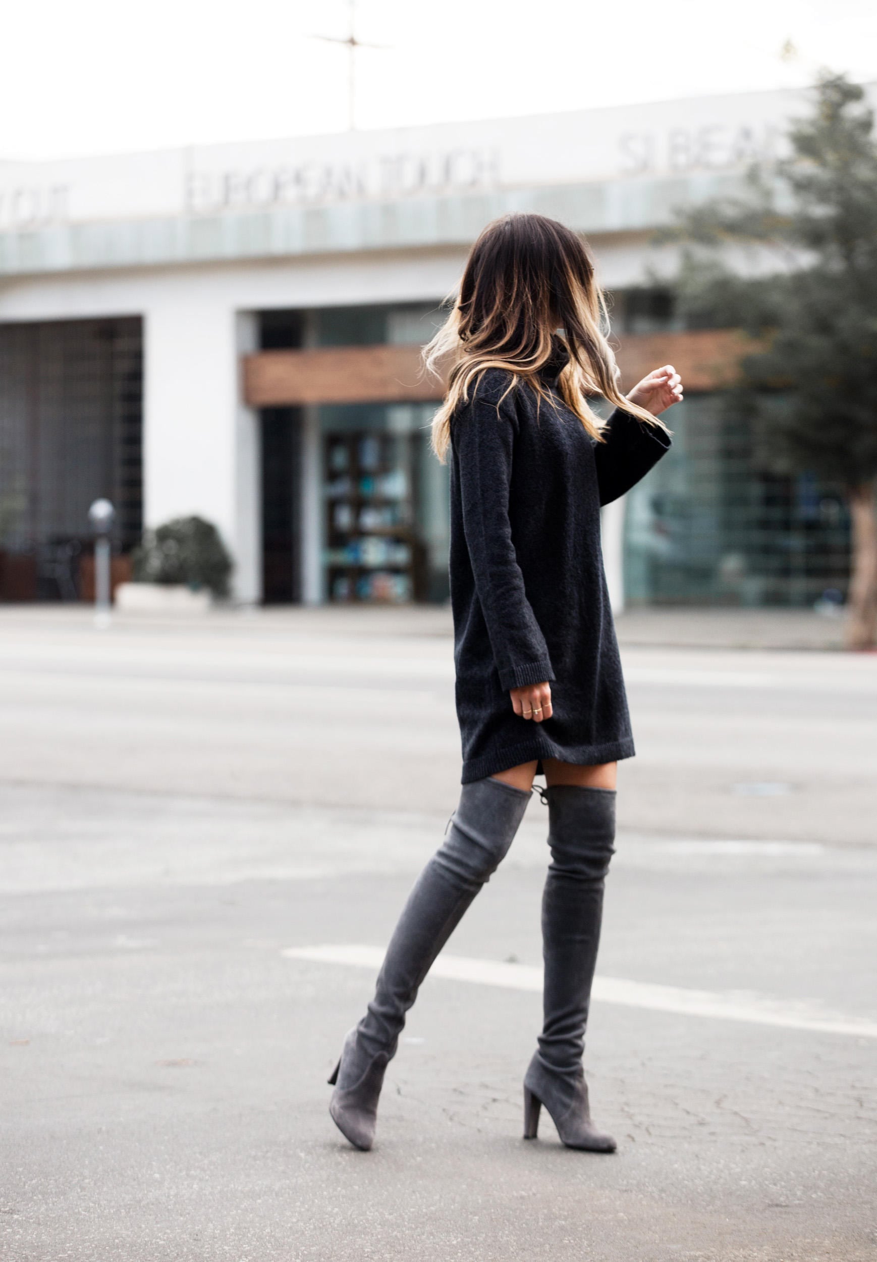Charcoal Grey Turtleneck Sweater Dress with Matching Over-the-Knee Boots — Sweater Dress Outfits