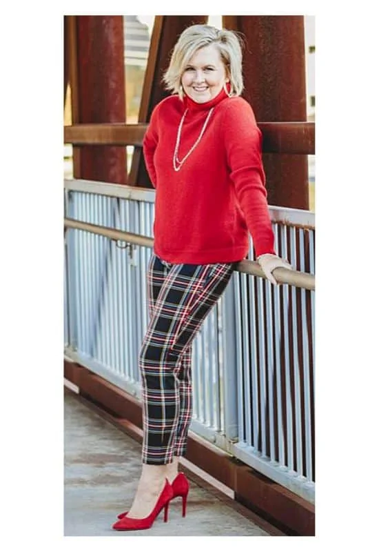 Festive Red Turtleneck with Plaid Pants and Pearl Necklace Festive Red Turtleneck with Plaid Pants and Pearl Necklace — Casual Winter Outfits for Women Over 50