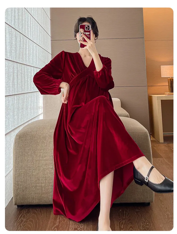 Elegant Red Velour Maternity Maxi Dress — Winter Maternity Outfits