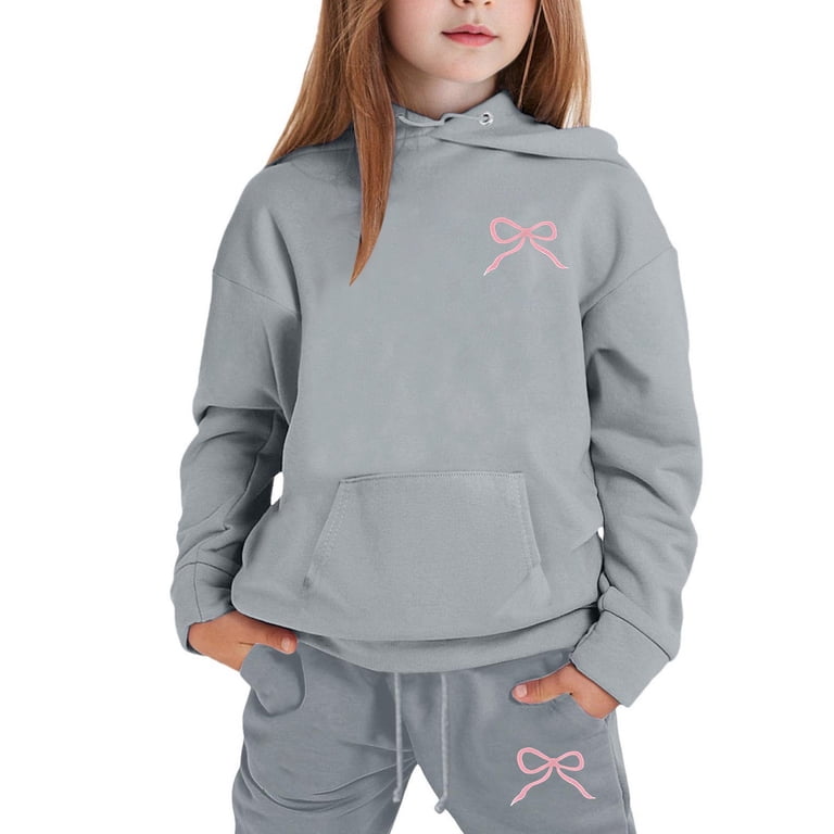 Grey Fleece Hoodie and Joggers with Pink Bow Graphic Grey Fleece Hoodie and Joggers with Pink Bow Graphic — Winter Outfits for Kids