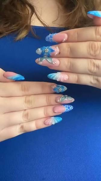 Light Blue with White Polka Dots and French Tips Light Blue with White Polka Dots and French Tips — blue nail inspo