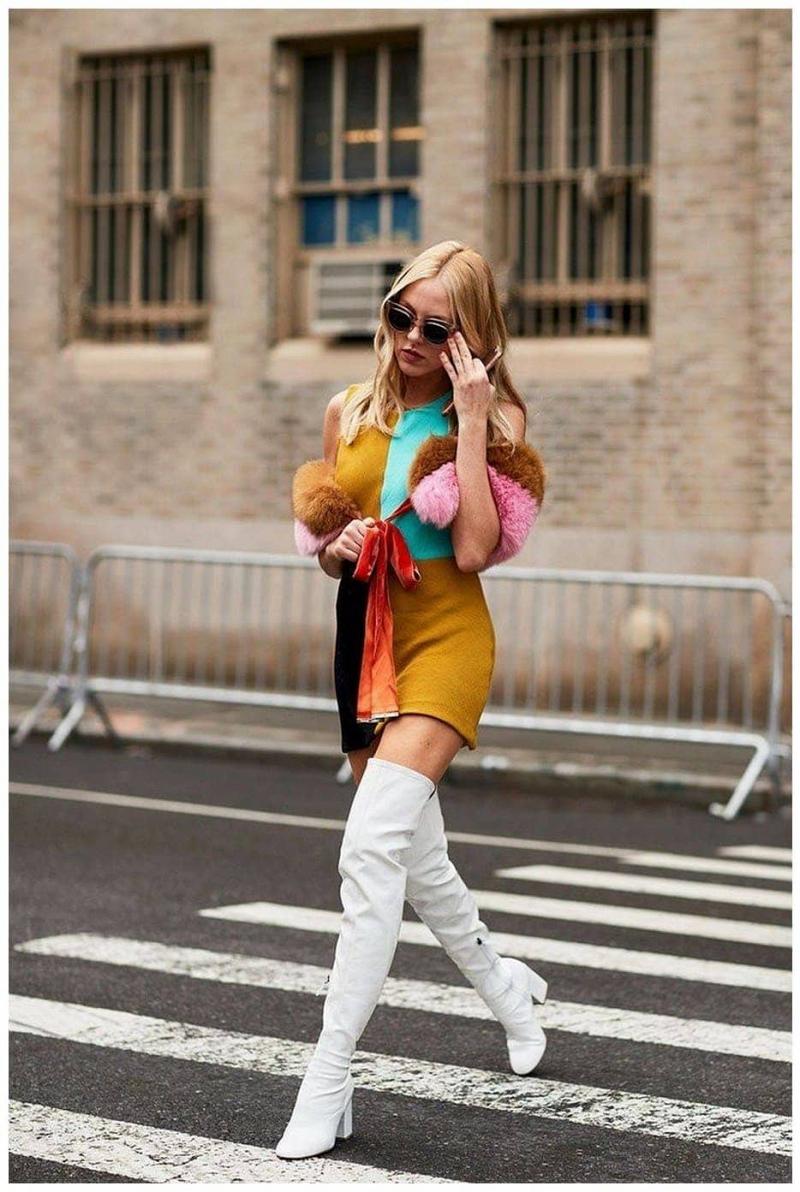 Brown Suede Over-the-Knee Boots with Grid Print Sweater Dress — Over the Knee Boots Outfits