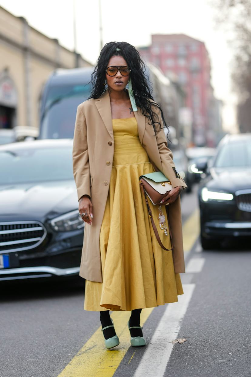 Camel Coat Over Yellow Midi Dress — Italy Winter Outfits