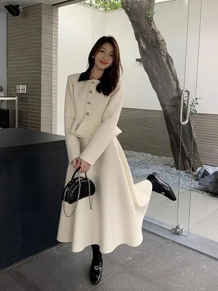Cream Cropped Jacket and Midi Skirt Set — Korean Winter Outfits