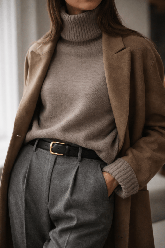 Polished Business Casual: Oversized Grey Blazer with Black Turtleneck — Winter Capsule Wardrobe