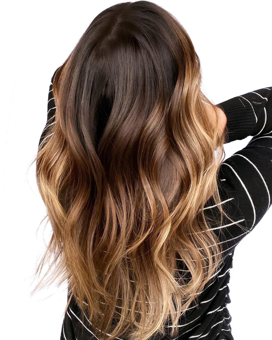 Mid-Back Ombre From Dark Brown to Blonde — Wavy Hair Viewed From The Back Mid-Back Ombre From Dark Brown to Blonde — Wavy Hair Viewed From The Back — Blonde to Brunette Hair