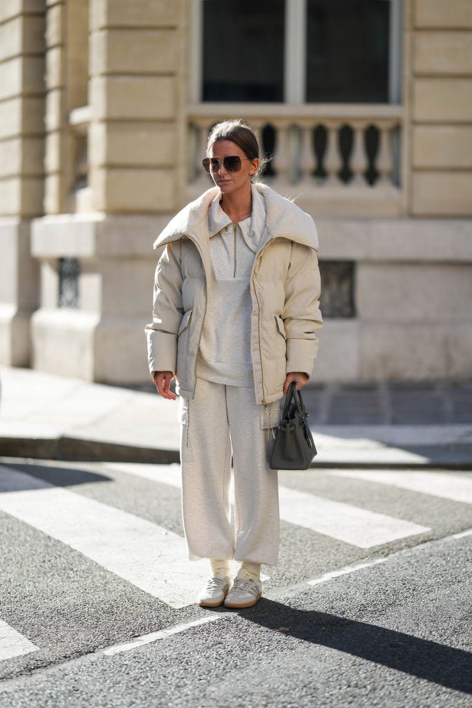 Cream Puffer with Oversized Collar and Relaxed Trousers — Long Puffer Coat Outfits