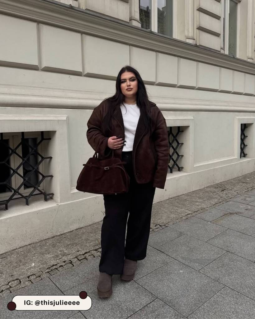 Brown Suede Jacket with White Top and Wide-Leg Trousers Brown Suede Jacket with White Top and Wide-Leg Trousers — Brown Coat Outfits